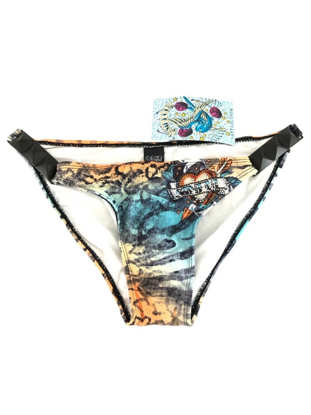 Sinful by Affliction Bikini Bottom Studded Heart Tiger Stripe Rhinestone Blue L